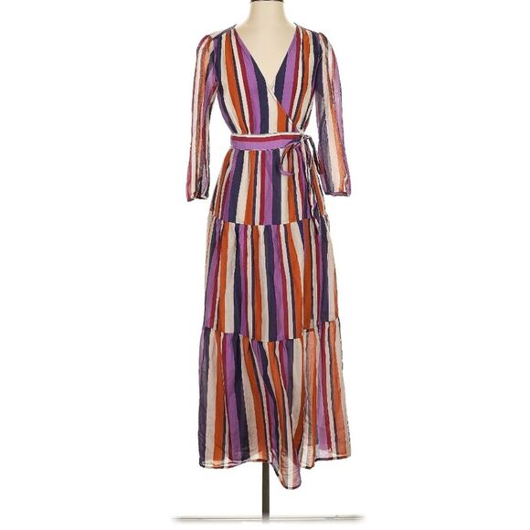 XIRENA Tilda Silk Cotton Blend Multi-Color Striped Long Sleeve Wrap Dress XS - Picture 3 of 12